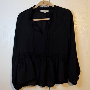 LOFT Black Smocked Peplum Tie-Neck Blouse